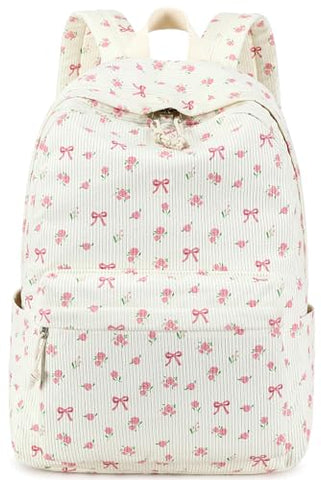 BTOOP School Backpack for Girls Teens Large Corduroy Bookbag Lightweight 15.6 inch Laptop Bag for Women Casual High School College (Pink Bow Floral)