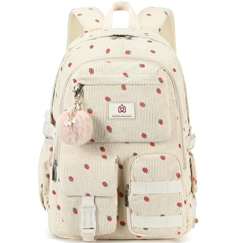 Hidds School Backpack for Teens Girls Women 15.6 Inch Laptop College Backpacks Corduroy Work Bag Kids Elementary Middle High Campus Bookbag Students Pack Travel Daypack Womens - Beige Strawberries