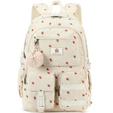 Hidds School Backpack for Teens Girls Women 15.6 Inch Laptop College Backpacks Corduroy Work Bag Kids Elementary Middle High Campus Bookbag Students Pack Travel Daypack Womens - Beige Strawberries