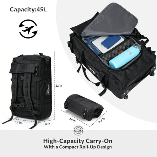 Bolsa de lona con ruedas Stover 45/100L Carry-On U-Zip, mediana, duradera, con neceser, resistente, plegable con correas para hombros – úsala como equipaje o mochila, para hombres/mujeres (negra)