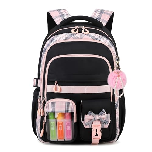 QIXIHU Girls Backpack, 17-Inch Bookbag for Middle & Elementary School, Kawaii Kids Backpack for Girls Ages 6-12(Black Pink)