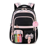 QIXIHU Girls Backpack, 17-Inch Bookbag for Middle & Elementary School, Kawaii Kids Backpack for Girls Ages 6-12(Black Pink)