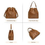 S-ZONE Genuine Leather Bucket Bags for Women Drawstring Crossbody Purses Shoulder Top Handle Handbags with 2 Straps
