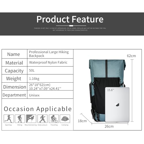 Hiking Backpack,40L to 50L Extra Large Capacity Hiking Bag,Internal Frame Camping Backpack,Upgraded X-PAC Lightweight Sport Daypack Travel Backpack Fit For Mountain Climbing Camping(Grey Green)