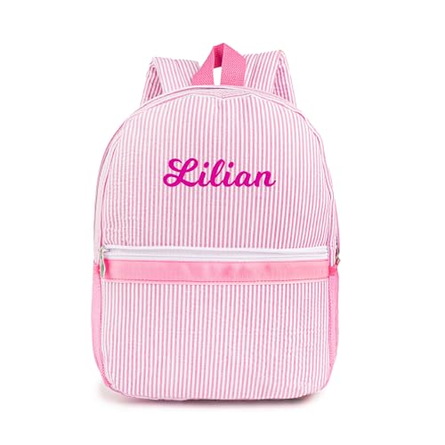 MT WORLD Personalized Toddler Backpack for Girls 5-9 Seersucker Daycare Backpack with Name Preppy Packpacks Kids Bookbags for Daily School Birthday Gifts (Pink)
