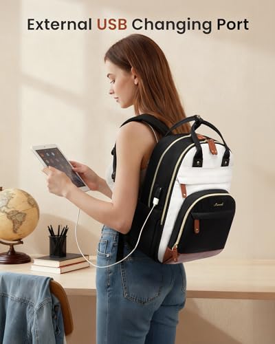 LOVEVOOK Laptop Backpack Women with USB Port Design,15.6 inch Waterproof Work Travel Backpack Computer Laptop Bag,Cute College Nurse Teacher Backpack Purse,Gifts for Women & Men,Beige-Black-Brown