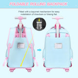 3-IN-1 Rolling Backpack for Girls with Lunch Bag Pencil case, Kawaii Backpack with Wheels for Girls, Roller School Bag with Wheels for Teen Elementary School Bookbags with Cute Pins Aquamarine-Pink