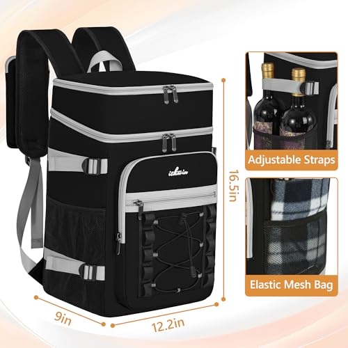 ITHWIU Cooler Backpack, 40 Cans Insulated Lunch Backpack Picnic Backpack for Men&Women, Durable Cooler Bag with 2 Leak Proof Compartments for Picnic, BBQ Camping, Lunch, Beach, Hiking, Black