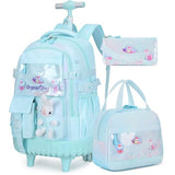 FIXITOK Rolling Backpack for Girls, Kawaii Bunny Roller Wheels School Backpacks with Lunch Bag Pencil case, Wheeled Suitcase Bookbag for Elementary Travel Dreamy Aquamarine