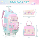 FIXITOK Rolling Backpack for Girls, Kawaii Bunny Roller Wheels School Backpacks with Lunch Bag Pencil case, Wheeled Suitcase Bookbag for Elementary Travel Aquamarine
