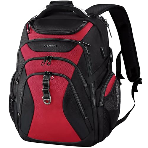 KROSER Travel Laptop Backpack 18.4 Inch XXXL Gaming Backpack with Hard Shell Saferoom RFID Pockets Water-Repellent Business College Daypack Stylish Laptop Bag for Men/Women-Black Red