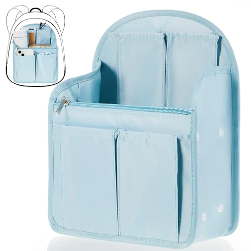 Dansydaisy 11 x 7.8 x 4.7 Inch Mini Backpack Organizer Insert Waterproof Purse Insert Nylon Bag Organizer with Many Pockets for Men and Women, Fits Small Backpacks(Light Blue)