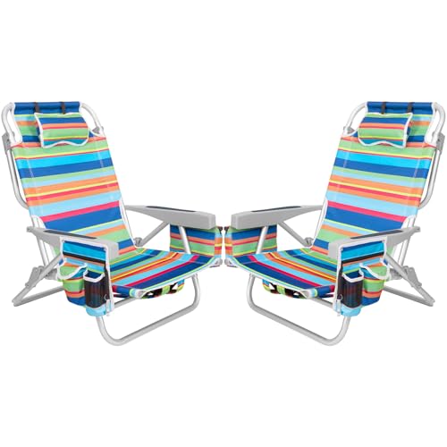 2Pk Aluminum Extra Wide 5-Position Lay Flat Folding Backpack Beach Chairs for Adults, with Cooler Bag, Cup&Phone Holder, Towel Bar for Outdoor Lawn Picnic Sport, Portable Camping Chairs, Multi Stripes