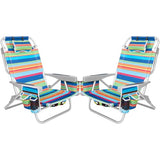 2Pk Aluminum Extra Wide 5-Position Lay Flat Folding Backpack Beach Chairs for Adults, with Cooler Bag, Cup&Phone Holder, Towel Bar for Outdoor Lawn Picnic Sport, Portable Camping Chairs, Multi Stripes