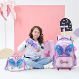 Meetbelify Girls Rolling Backpack with Wheels for Kids 3D Butterfly School Roller Backpack,Carry on Travel Luggage with Lunch Bag and Pencil Case for Girls Ages 5-12