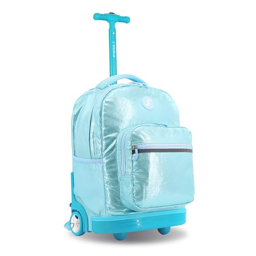 J World Sunrise Kids Rolling Backpack with Wheels for Girls Boys, Roller Bookbag for School, 18 x 13 x 9 Inches, Metallic Teal