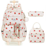 ACESAK Rolling Backpack for Girls, Roller Backpack with Lunch Bag & Pencil Pouch for Teen Girls Kids, Bookbag Backpack with Wheels for Women Elementary Middle High School Travel (Beige Strawberry)