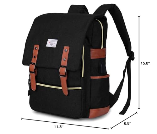 Modoker Eco-Friendly Vintage Laptop Backpack for Women Men,Travel Backpacks with USB Charging Port Fashion Backpack Fits 15.6Inch Notebook, Black
