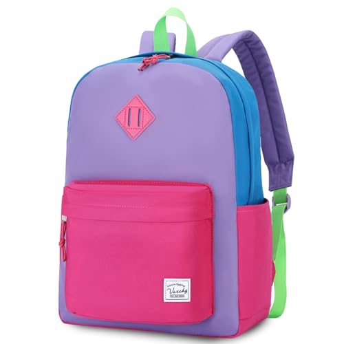 VASCHY Lightweight Backpack for School, Water Resistant Classic Bookbag with Side Pockets for Girls Kids,Teens Violet Rose Pink