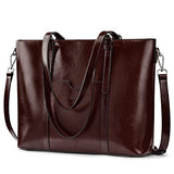 S-ZONE Women Cow Split Leather Laptop Tote Bag Shoulder Handbags 15.6 Inch Purse, Coffee, L, Retro
