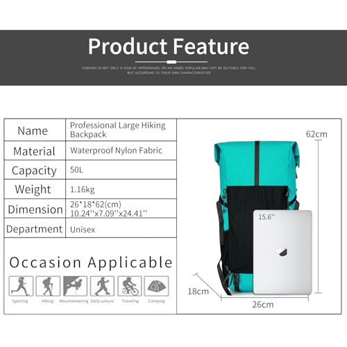 Hiking Backpack,40L to 50L Extra Large Capacity Hiking Bag,Internal Frame Camping Backpack,Upgraded X-PAC Lightweight Sport Daypack Travel Backpack Fit For Mountain Climbing Camping(Peacock Green)