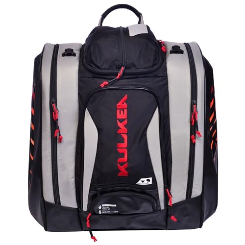 KULKEA Thermal Trekker Heated Ski Boot Backpack - Insulated Ski Boot Bag - Maximum Gear & Boot Storage - 3 Heat Settings - 120V Wall Plug & 12V Auto Plug - Water Resistant Backpack (Grey/Black/Red)