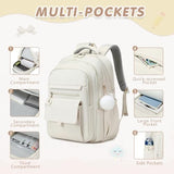 GeeWin Backpacks for Girls, Girls Backpack with Lunch Box & Pencil Case Set, 17 Inch Waterproof Girl Bookbag with Lots of Pockets for Kids, Teens, Elementary Middle High College School Student(Beige)