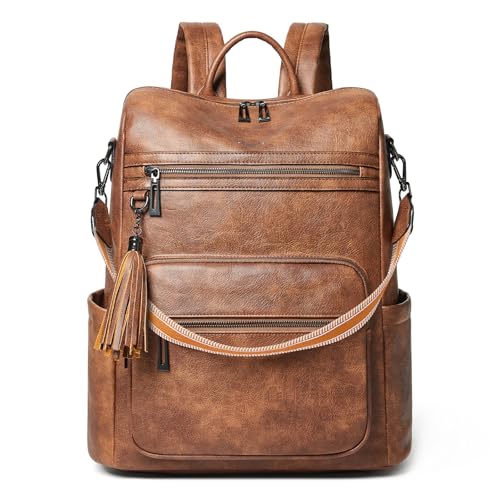 Shrrie 15.6 inch Laptop Backpack for Women,Large Leather Backpack Purse,Travel,Carry on,Water Resistant Casual Laptop Backpacks,College Backpack,Work Backpack for Women,Two-toned Brown
