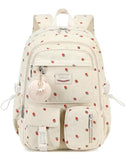 QHRIDS Backpack for Girls Big Student Corduroy Laptop Backpack for College Kids Elementary Middle High School Bag Anti Theft Bookbag Travel Daypack Womens(Corduroy Beige Strawberries)