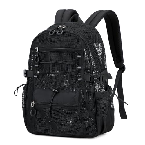 ASKSKY See-Through Mesh Backpack for School with 3d Foam Shoulder Straps, Lightweight, Ultra-Breathable Backpack for Beach, Swim, Gym, & Work, Black