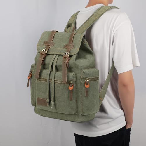 Bluboon Canvas Vintage Backpack Leather Casual Bookbag Men Rucksack (Green)