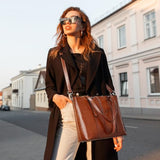 S-ZONE Women Cow Split Leather Laptop Tote Bag Shoulder Handbags 15.6 Inch Purse, Dark Brown, L