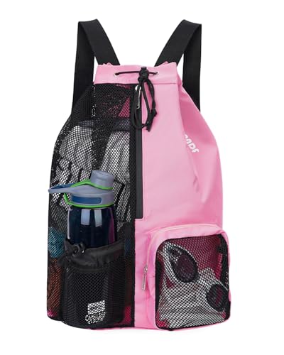 WANDF Swim Bag Mesh Drawstring Backpack with Wet Pocket Beach Backpack for Swimming, Gym, and Workout Gear (Pink)