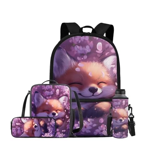 ELEDIZI Cherry Blossom Fox Backpack for Girls Kids Backpack with Lunch Box Water Bottle Holder with Strap and Pencil Pouch 4PCS Bookbag with Front Pocket for School 17" Sturdy Elementary School Bag