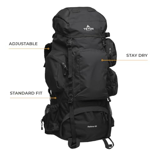 Teton 85L Explorer Internal Frame Backpack for Hiking, Camping, Backpacking, Rain Cover Included, Buck Brown