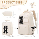 Bevalsa Backpack for Girls, Bow School Backpack for Kids with Lunch Bag & Pen Case, Cute Bookbag for Teens Girls Children for Elementary Middle High College Student, Back To School Gift (Beige)