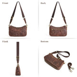 S-ZONE Leather Shoulder Bag for Women Small Crossbody Bags Hobo Purses with 2 Straps (Rose Pattern Dark Brown)