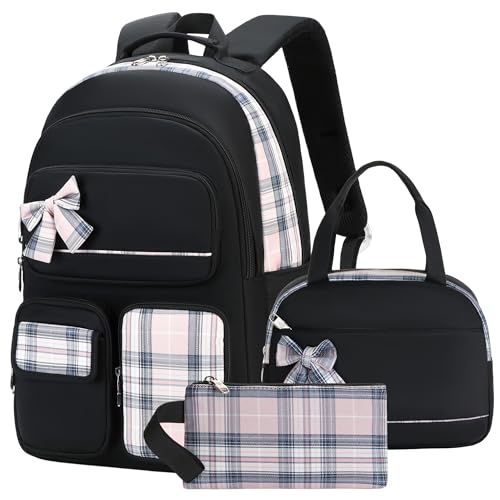 Girls Backpack,3pcs Backpack with Lunch Box Pencil Case Set 15.6 Inch Laptop School Bag Kids Kindergarten Elementary College Bags Large Bookbag for Teen Women Students Casual Travel Daypacks Black