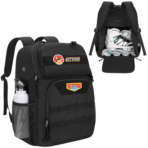GOBUROS Skate Bag Fits Shoes Up to Us Mens 13, Roller Skate Backpack with Multi Accessory Pockets, Inline Skate Bag for Men And Women, Black