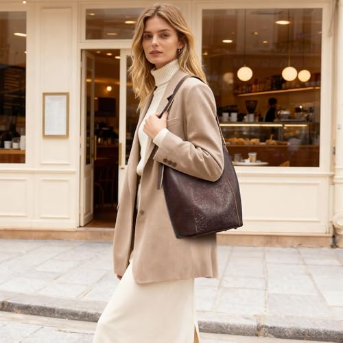 S-ZONE Leather Shoulder Bag for Women Hobo Bag Top Handle Handbag Satchel Purse Rose Pattern