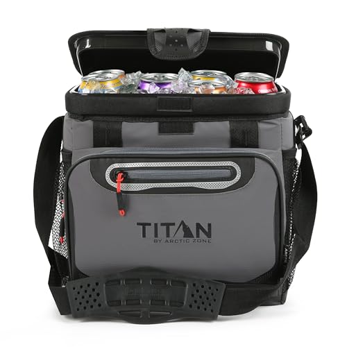 Titan by Arctic Zone Zipperless Soft Sided Cooler with HardBody Liner and SmartShelf, Insulated Bag with Shoulder Strap for Lunch and Travel, 16 Can Capacity, Sharkskin Gray