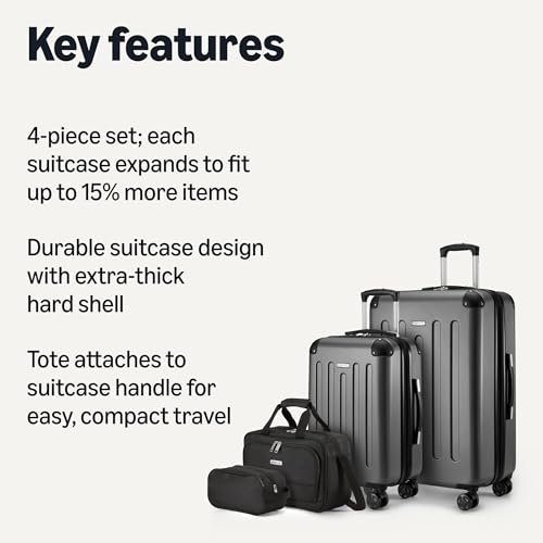 Amazon Basics 4-Piece Luggage Set, Hardside Suitcases with Spinner Wheels, 22" Carry On & 28" Checked, Tote Bag & Travel Bag, Black