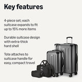Amazon Basics 4-Piece Luggage Set, Hardside Suitcases with Spinner Wheels, 22" Carry On & 28" Checked, Tote Bag & Travel Bag, Black