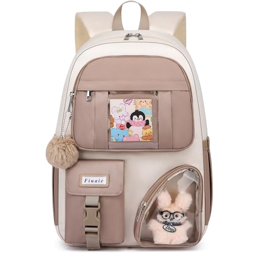 FIUAIE School Backpack for Teen Girls Bookbag: Cute 15.6 Inch Backpacks for Kids Middle High School BookBags Durable Laptop BackPack for Women Student Casual Daypack for Travel Khaki Beige