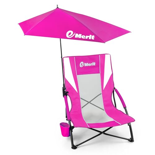 EMERIT Low Beach Chairs for Adults with Removable UPF 50+ Umbrella, Lightweight Folding Backpack Camping Chair with Cup Holder, Portable Sand Chair for Beach, Picnic, Lawn