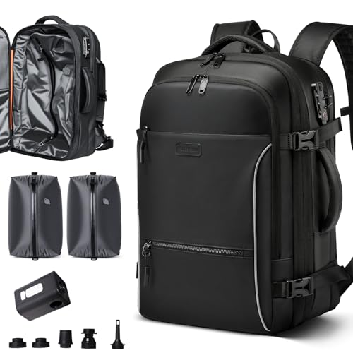 FIROVIAN Vacuum Backpack Travel, 70L Expandable Carry On Backpack With Compression System, 2 Detachable TPU Vacuum Bags, TSA Lock, Water-Resistant, Fits 16" Laptop for Business & Travel