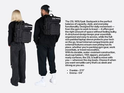 WOLFpak 25L Tactical Gym Backpack (Alpha Black) Durable 1000D Waterproof Oxford Material with MOLLE Webbing, Laptop Pocket & Dual Cup Holders