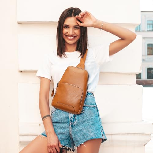 S-ZONE Sling Bag for Women Men RFID Blocking Genuine Leather Crossbody Backpack Sling Purses Fashion Travel Daypack Chest Bags Ladies-Brown