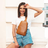 S-ZONE Sling Bag for Women Men RFID Blocking Genuine Leather Crossbody Backpack Sling Purses Fashion Travel Daypack Chest Bags Ladies-Brown