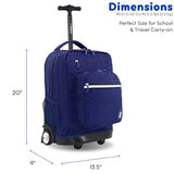 J World Sundance Laptop Rolling Backpack for Girls Boys. Roller Bookbag with Wheels, 20 Inch, Navy